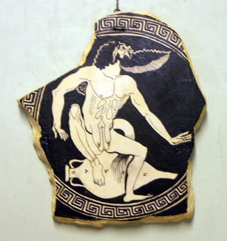 An excited satyr is squatting upon a pointed wine amphora. Centrepiece of a red-figured cup by Onesimos, ca. 500 B.C. Copy by Diana Tanslay Webber, 2015.