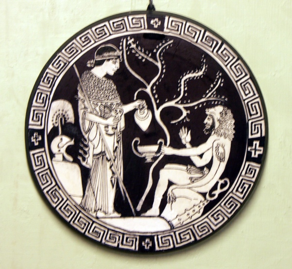 Athene pouring a libation for Hercules, one of the heroes whom she protected. Interior of a red-figured cup held in the British Museum. Copy by Diana Tansley Webber, 2015.