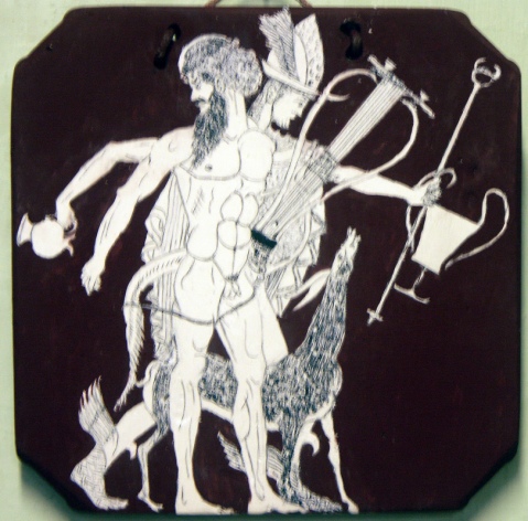 Hermes wearing a winged hat and sandles, carries a wine jar and drinking cup and is accompanied by a satyr who is carrying a lyre.